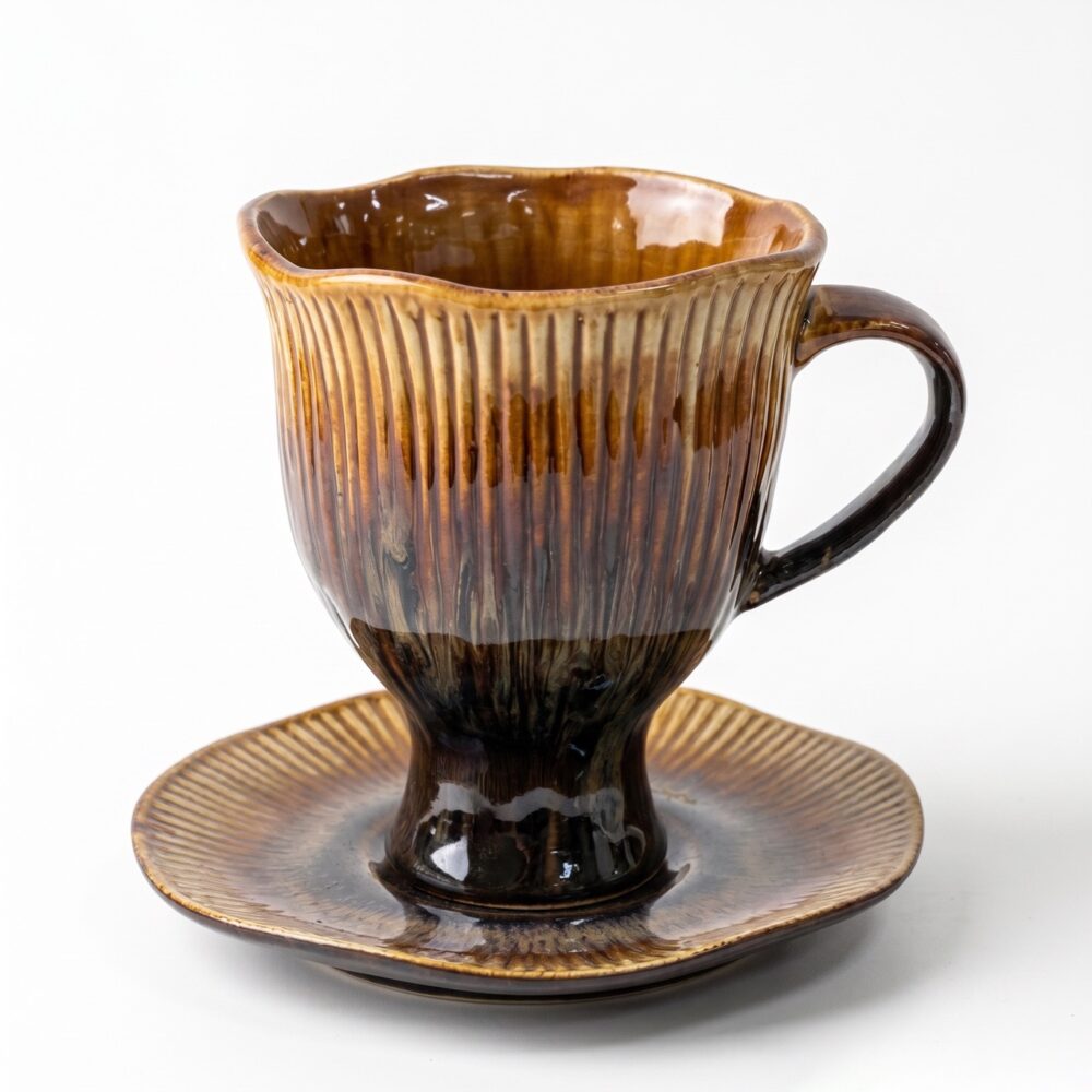 Vintage Amber Ribbed Ceramic Coffee Cup & Saucer Set